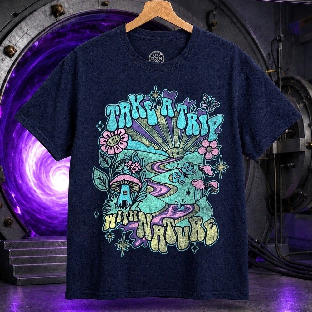 Take A Trip With Nature Graphic Tee Navy Blue Mushroom Psychedelic Small
